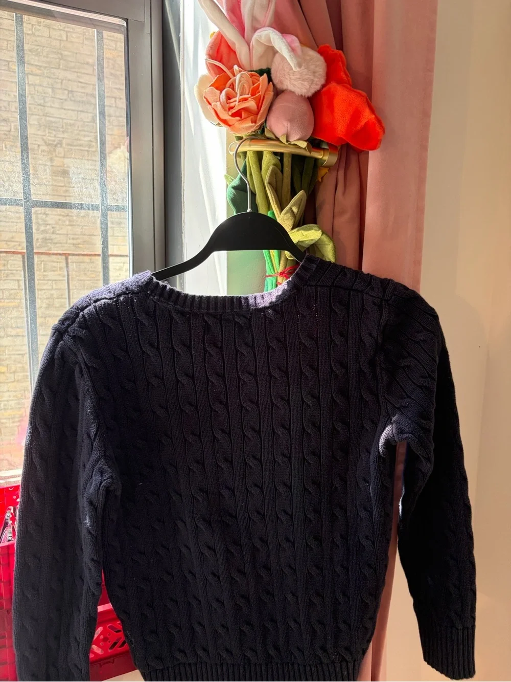 Ralph Lauren Navy Cable-Knit Crewneck Sweater with Red Polo Logo